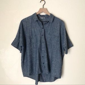 Eileen Fisher Linen Button Down Blouse Top Blue M